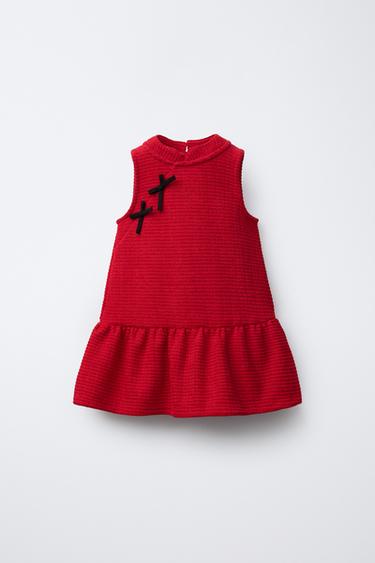 Zara 撞色結飾紋理連身裙 - 紅色