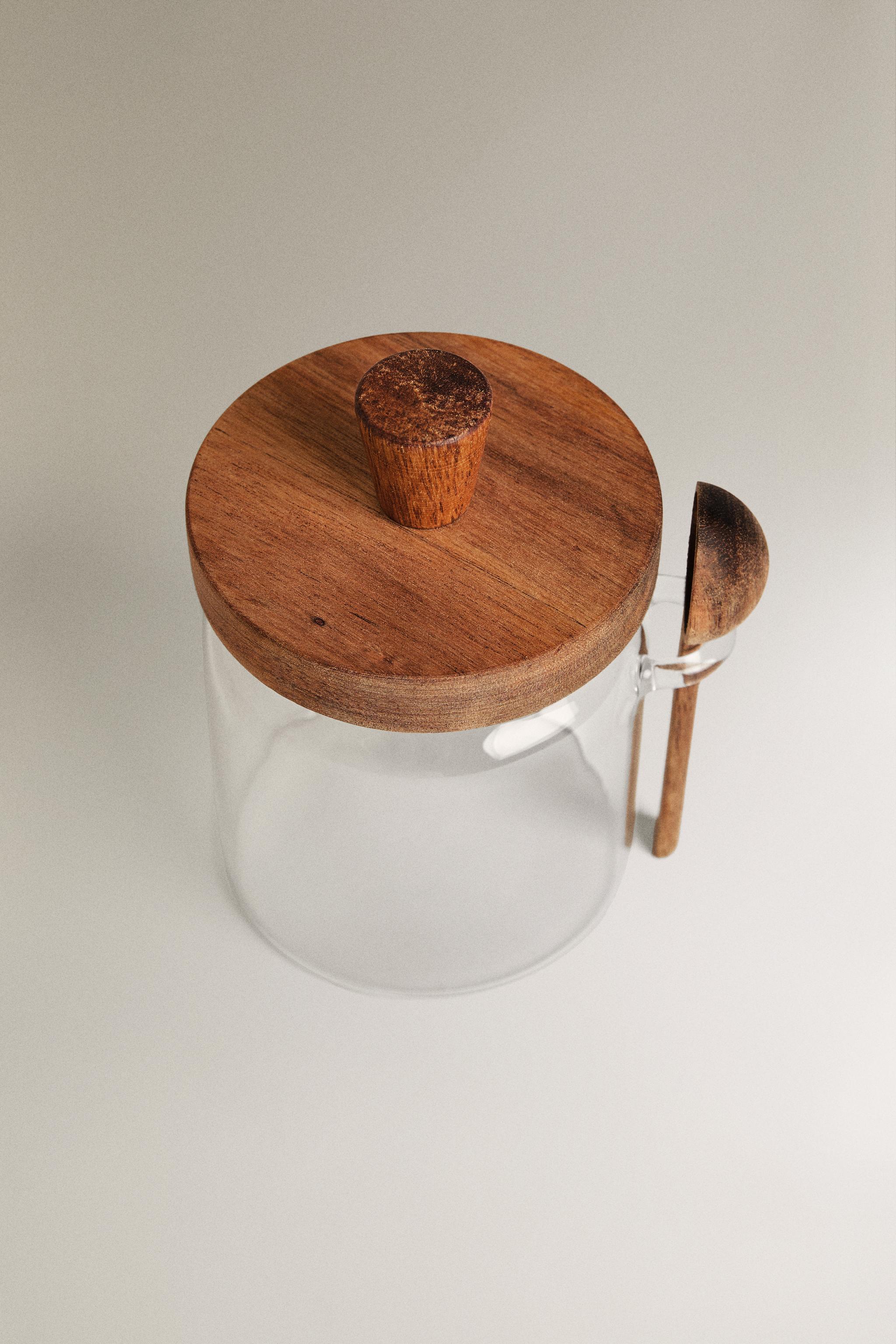 BOROSILICATE GLASS AND WOOD SUGAR BOWL — Light beige