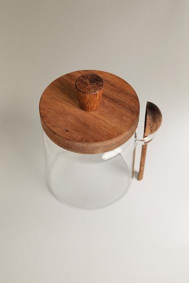 BOROSILICATE GLASS AND WOOD SUGAR BOWL — Light beige 2