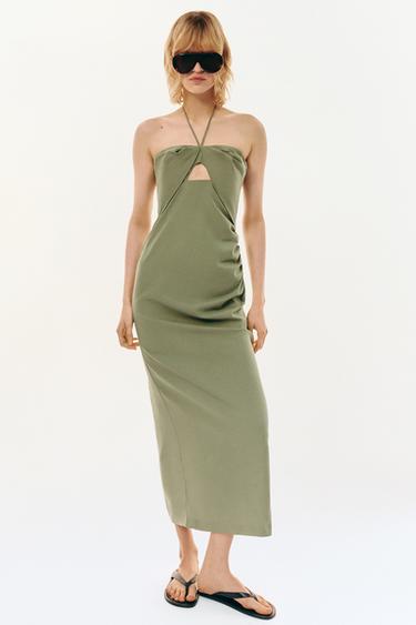 VESTIDO MIDI CUT OUT CON LINO - Khaki claro de Zara