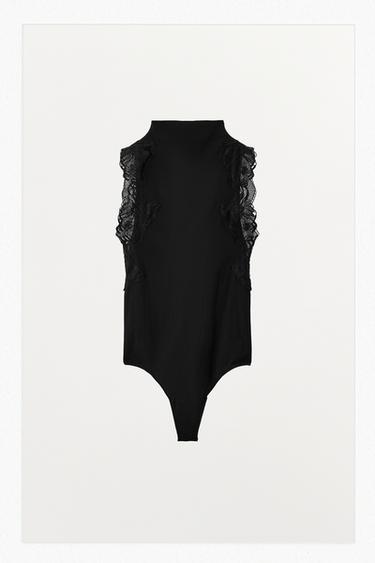 LACE-TRIMMED TIGHTS-STYLE BODYSUIT - Black by Zara