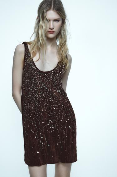 VESTIDO TERCIOPELO ABALORIOS ZW COLLECTION - Granate de Zara