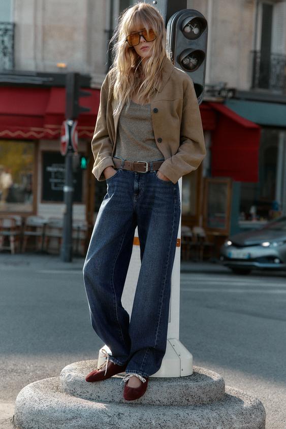 LACED SPLIT LEATHER BALLET FLATS