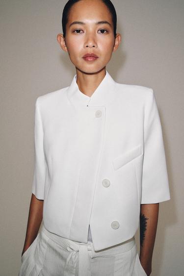 Zara SHORT SLEEVE CROPPED BLAZER ZW COLLECTION - Ecru