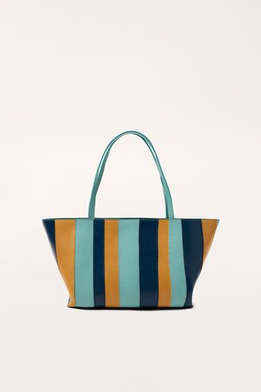 Zara LIMITED EDITION STRIPED LEATHER SHOPPER - Blue