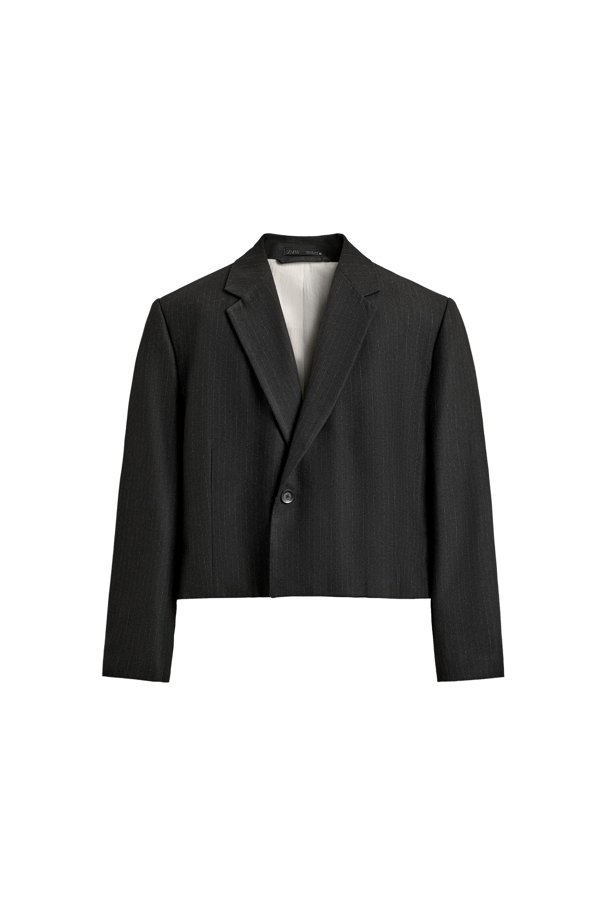 PINSTRIPE CROPPED FIT SUIT BLAZER - Dark gray | ZARA United States