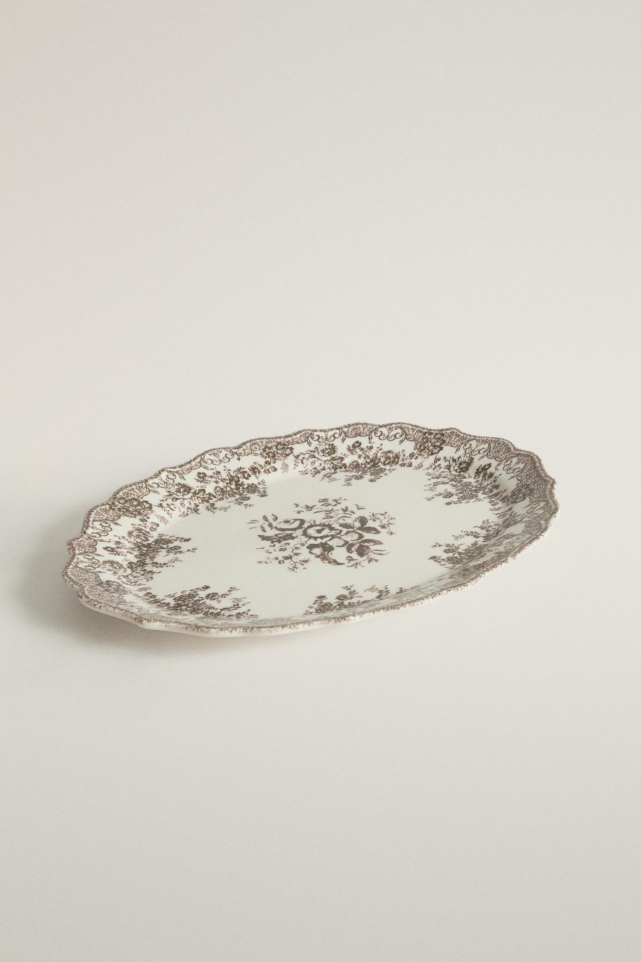 FLORAL EARTHENWARE SERVING DISH — Brown