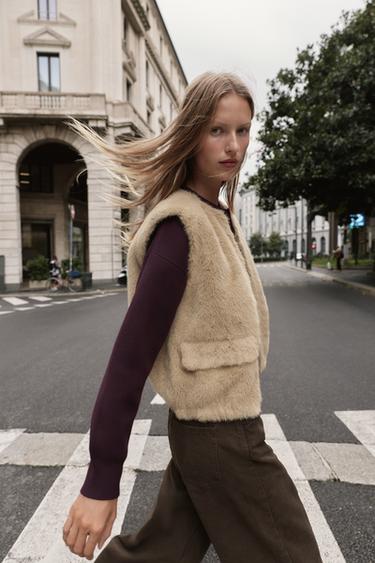 Zara FAUX FUR ZIP VEST - taupe brown - Image 0