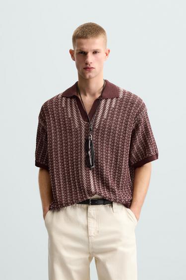 Zara CONTRAST TEXTURED KNIT POLO - Burgundy