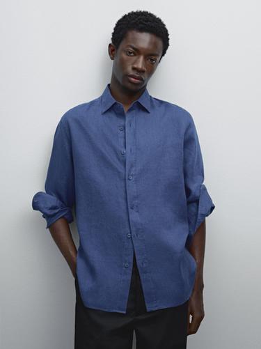 Camisa slim fit 100% lino - Azul de Zara