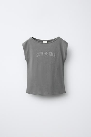 CAMISETA TEXTO STRASS - Gris de Zara - Imagen 0