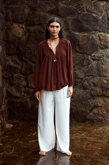 BLUSA FLUIDA FRANZIDA - Marrom da Zara
