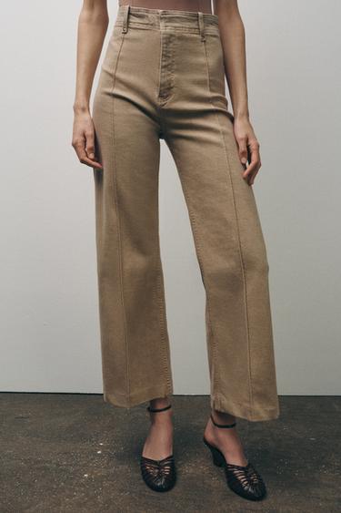 JEANS ZW COLLECTION TAILORED WIDE LEG بخصر عال - SAND/BROWN by Zara