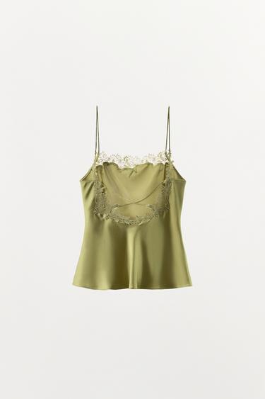 TOP SATINÉ DENTELLE - Vert de Zara - Image 5