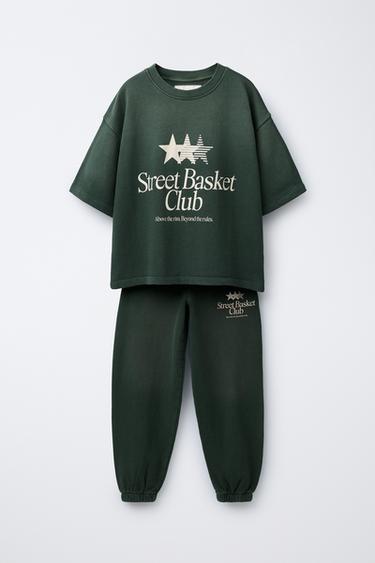 Zara WASHED EFFECT TEXT T-SHIRT AND JOGGER PANTS SET - Green