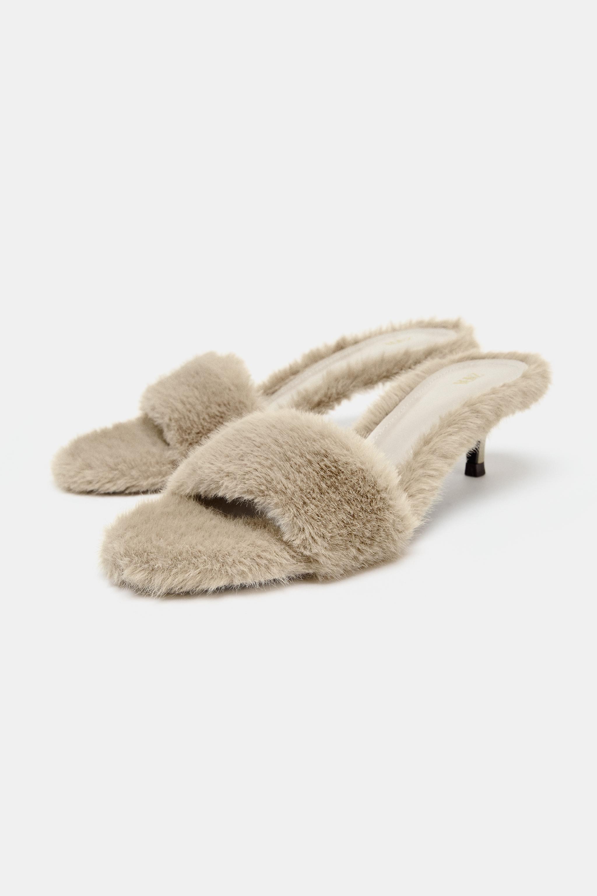【ZARA】ザラ 39 リアルファー ヒールサンダル キトゥンヒール グレー リアルファーヒールサンダル - アイス グレー | ZARA Japan / 日本