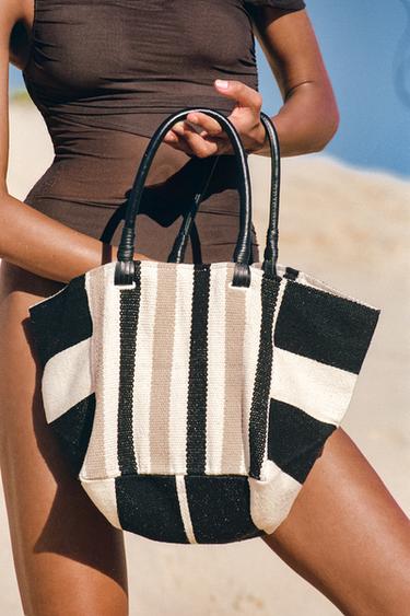 Zara STRIPED BAG WITH LEATHER HANDLES - Sand