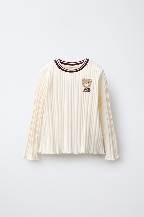 BEAR PATCH RIBBED T-SHIRT - Ecru by Zara - Image 0