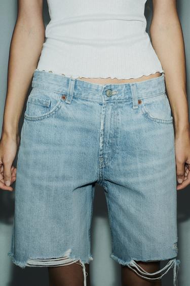 RIPPED MID-WAIST TRF DENIM BERMUDA SHORTS - Light blue by Zara