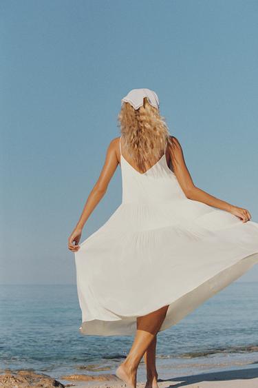Zara LONG RUCHED SATIN EFFECT DRESS - Ecru