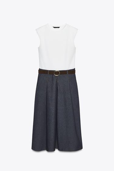 CONTRAST DRESS WITH BELT - Ecru / Blue by Zara