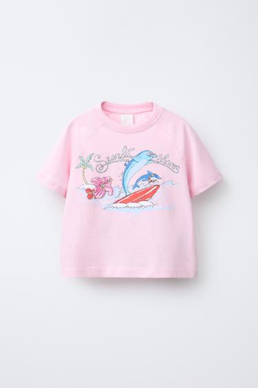 CAMISETA MANGA RANGLÁN ESTAMPADA - Rosa de Zara