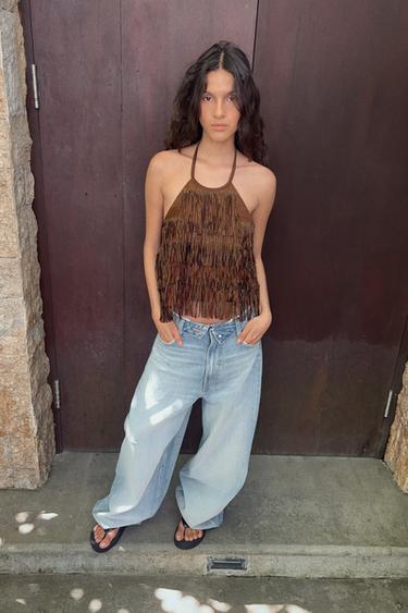 Zara STUDDED FAUX SUEDE FRINGE TOP - whiskey