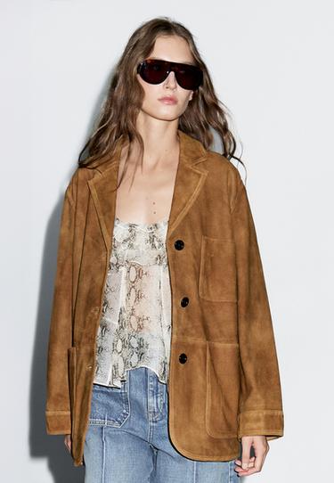 Zara Suede leather blazer with pockets - Dark mink