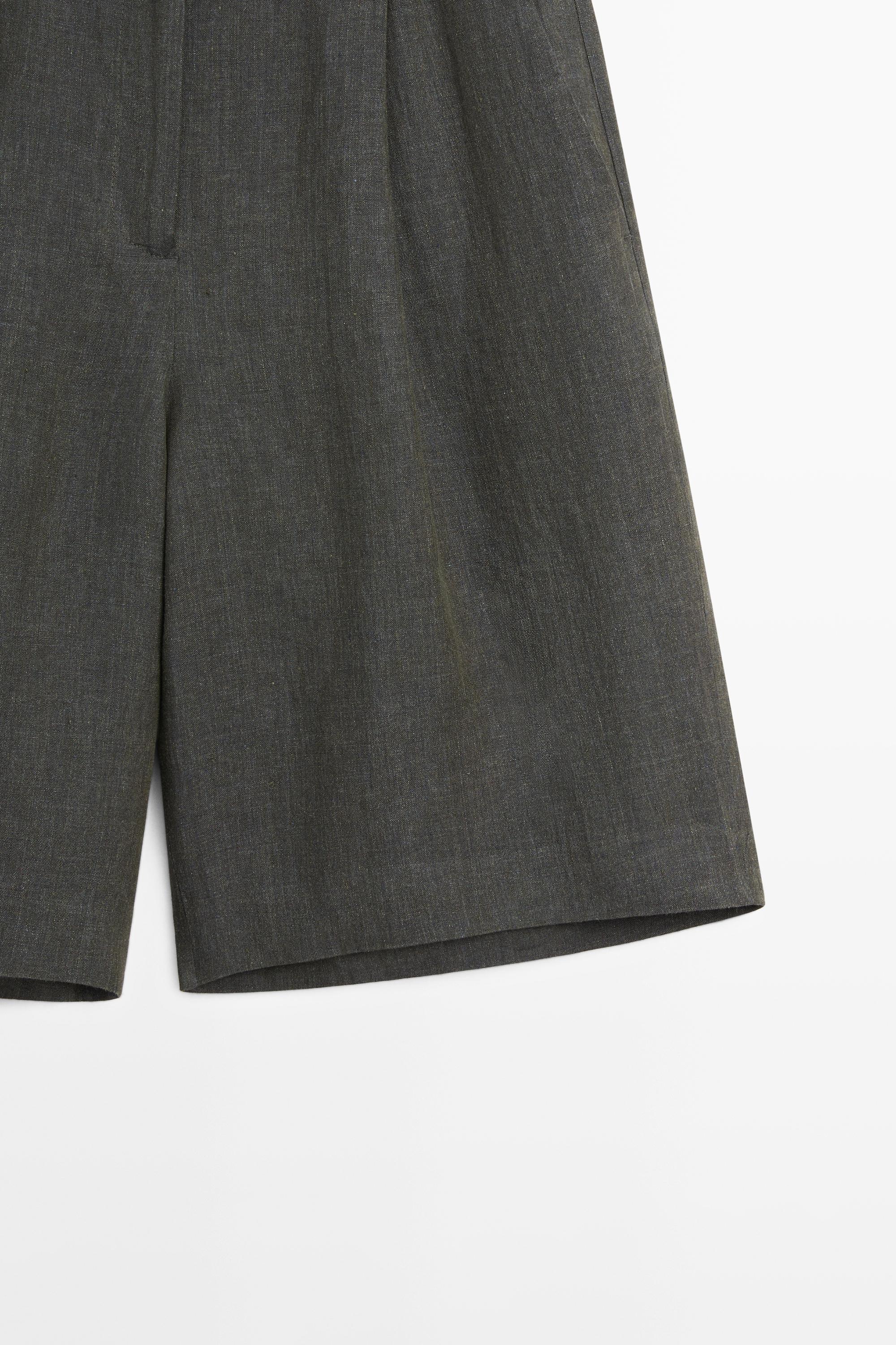 Long melange linen Bermuda shorts with buckle detail