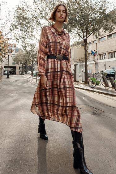 CHECK MIDI DRESS - Brown / Ecru by Zara - Image 0