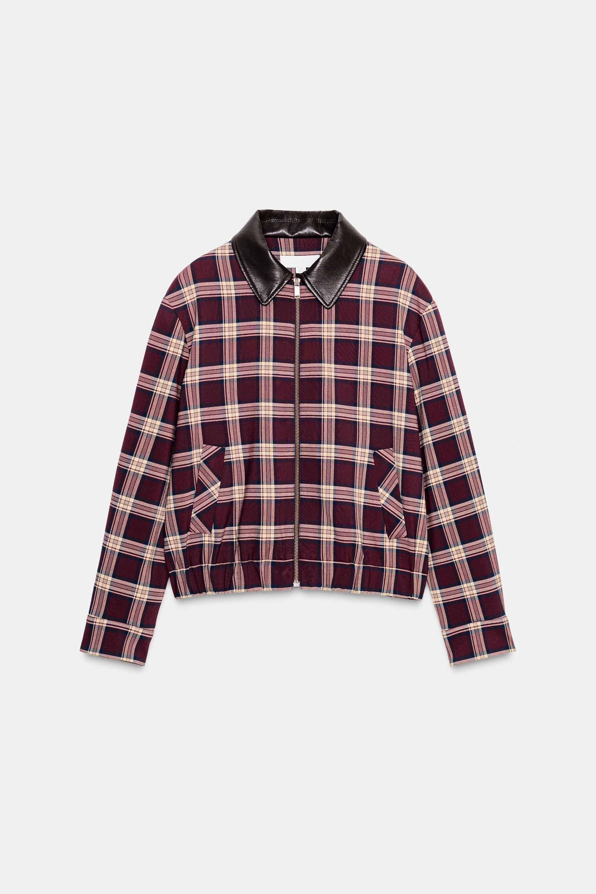 CHECKED BOMBER JACKET WITH leather effect LAPEL - Burgundy | ZARA