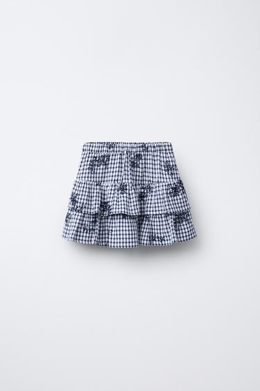 GINGHAM CHECK & EMBROIDERED FLORAL BERMUDA SKORT - Navy blue by Zara - Image 0