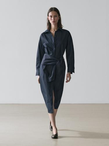 Zara Midi shirt dress with scarf detail - Blue - Image 0