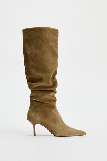 RUCHED SPLIT SUEDE HEELED BOOTS - Sand Brown by Zara
