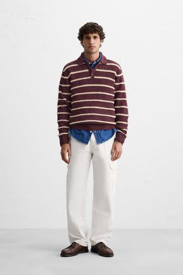 TEXTURED STRIPED KNIT POLO SWEATER - Burgundy by Zara - Image 0