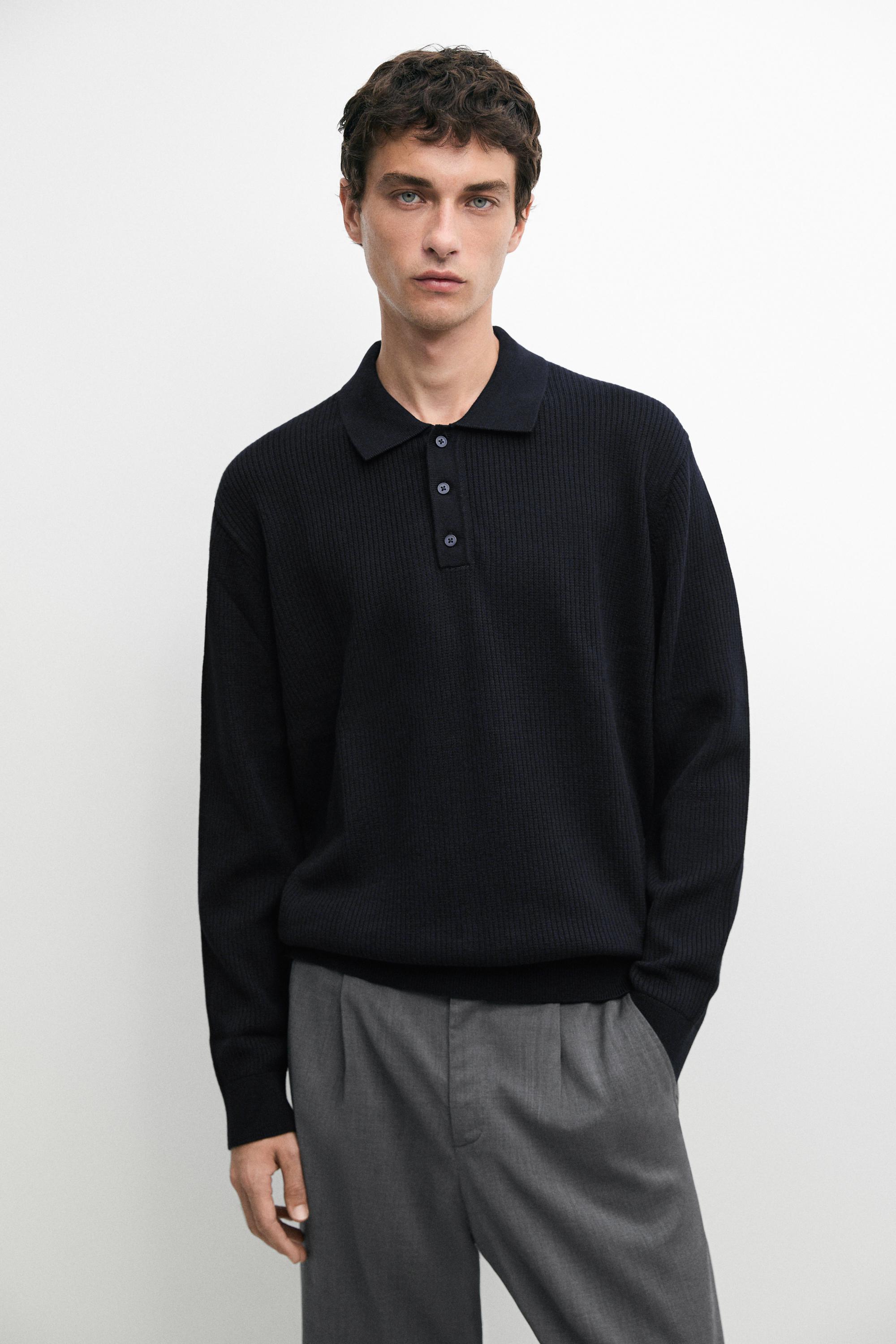 Button-detail polo knit sweater — Navy blue
