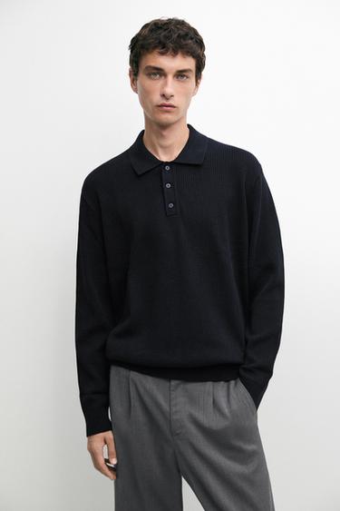 Button-detail polo knit sweater — Navy blue 1