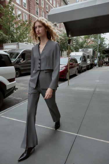 Zara 無翻領短版西裝外套 - 灰色