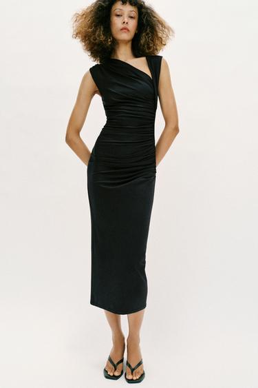 Zara DRAPED MIDI DRESS - Black