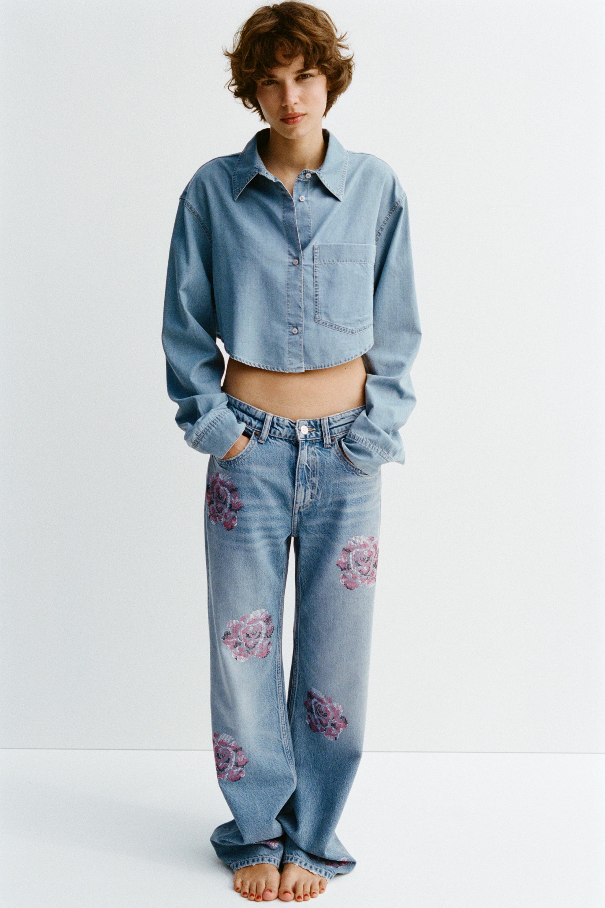 TRF SLOUCHY RHINESTONE MID-RISE JEANS