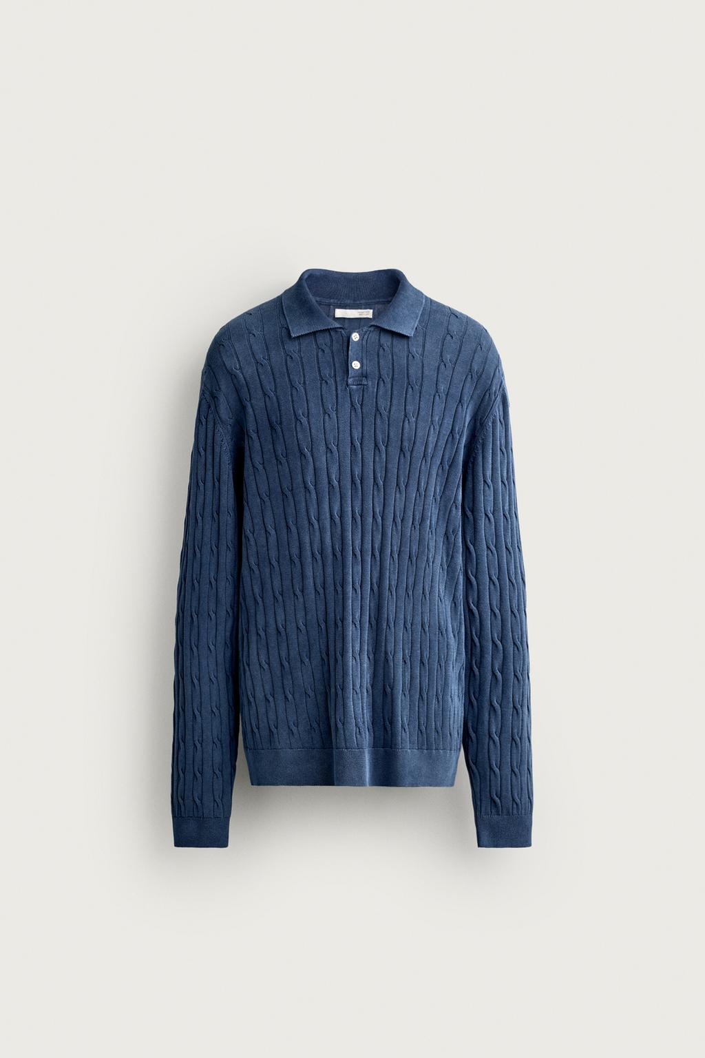 WASHED EFFECT CABLE KNIT POLO SHIRT