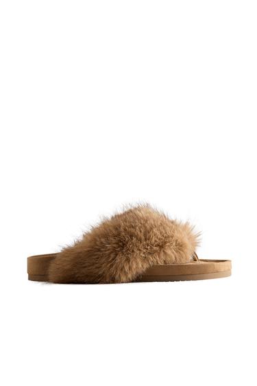 FAUX FUR THONG SANDALS - Camel Brown by Zara