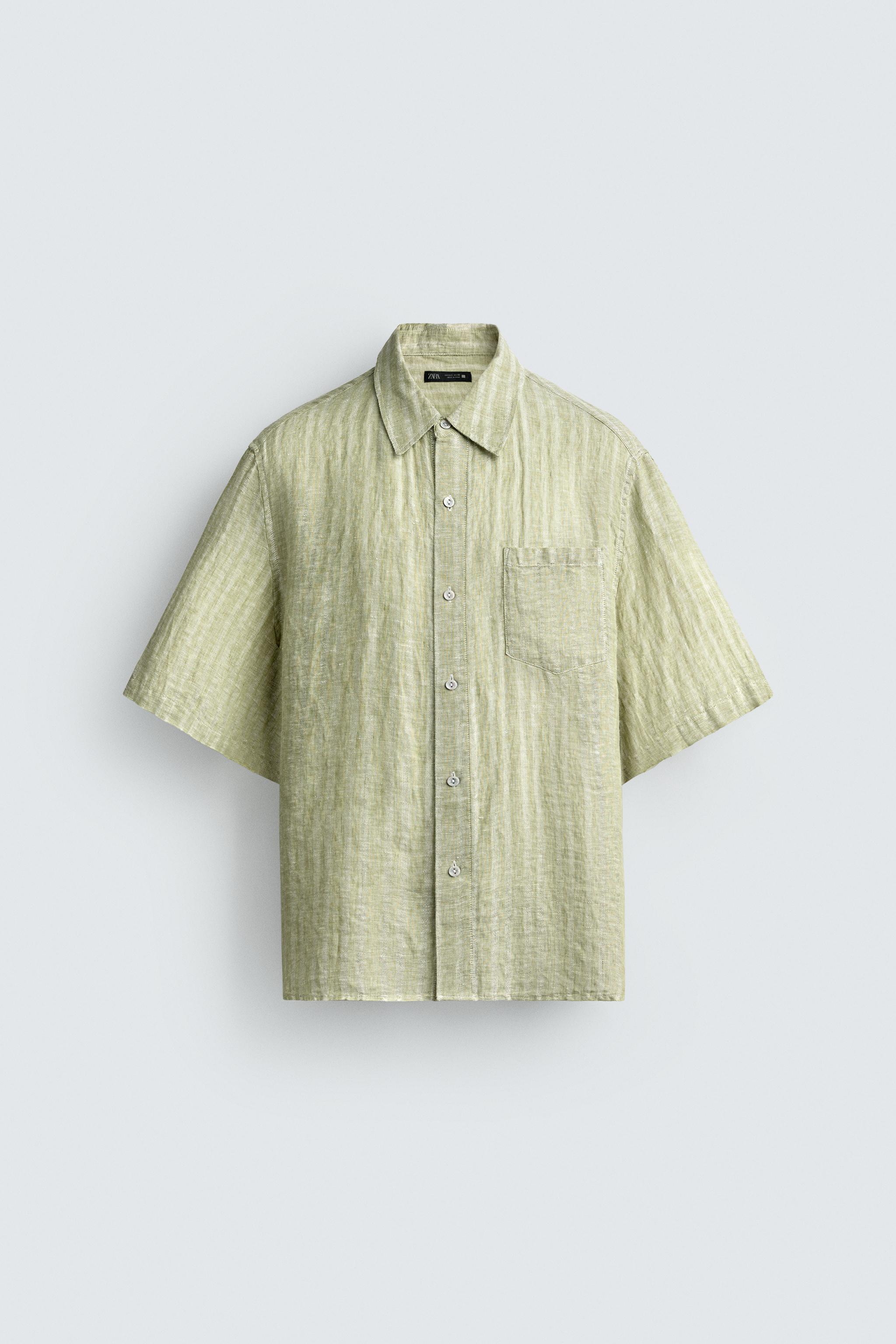 100%リネン ストライプ柄ジャカードシャツ - ライトグリーン | ZARA