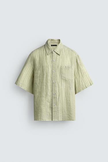 Zara 100% 亞麻條紋提花襯衫 - 淡綠色