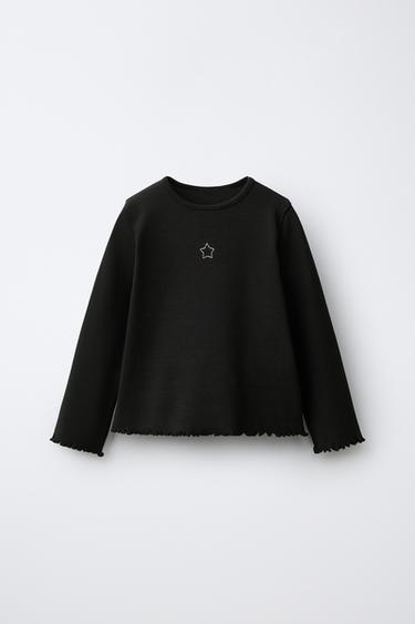 Zara EMBROIDERED RIBBED T-SHIRT - Black