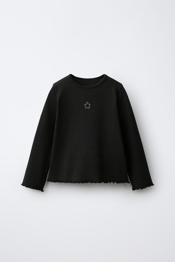 EMBROIDERED RIBBED T-SHIRT - Black by Zara - Image 0