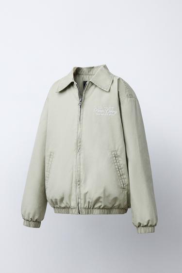 Zara EMBROIDERED TEXT BOMBER JACKET - Beige