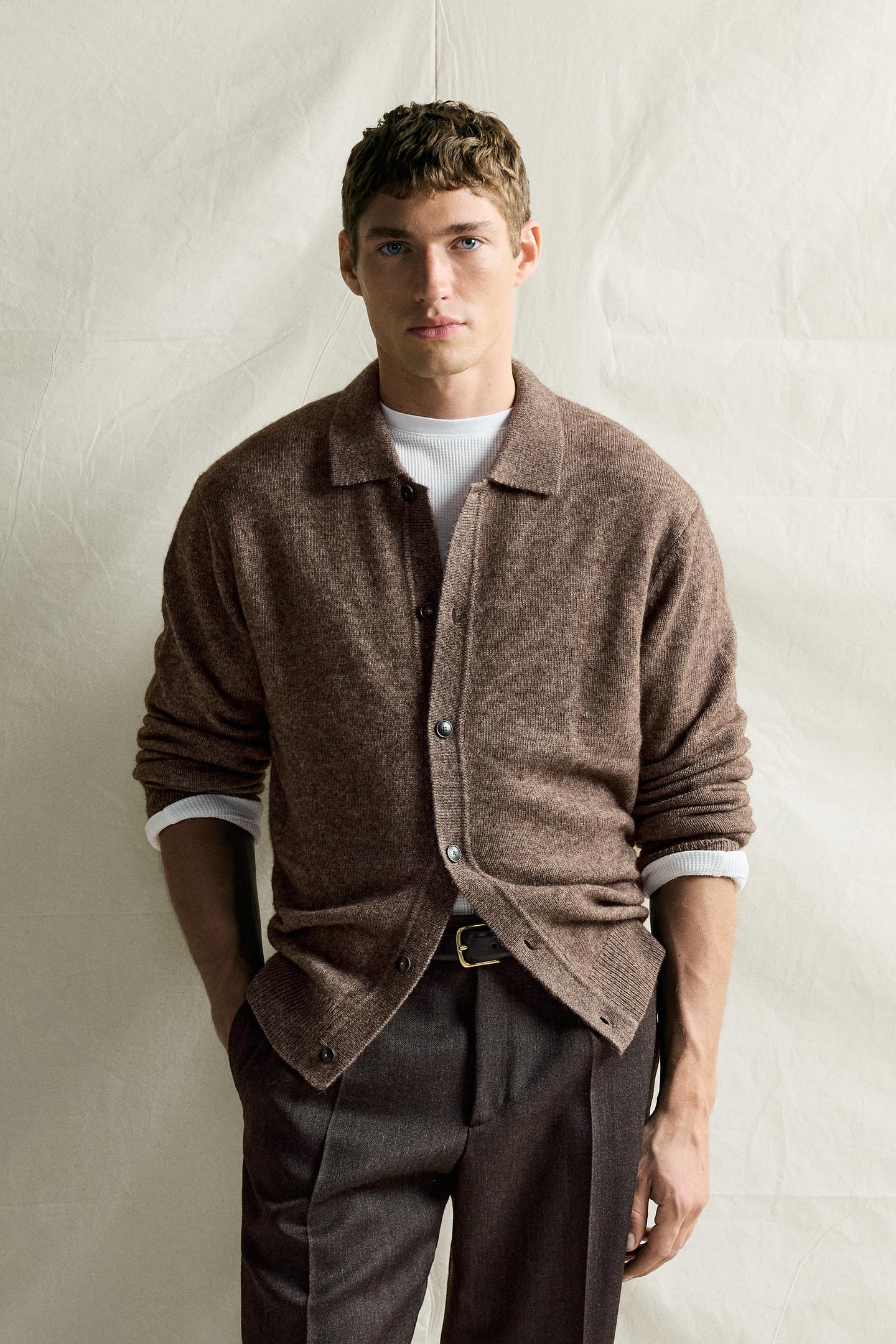 Мужская рубашка Zara Wool and Yak Blend Knit Overshirt, цвет: Коричневый / Серо-коричневый — фото 2