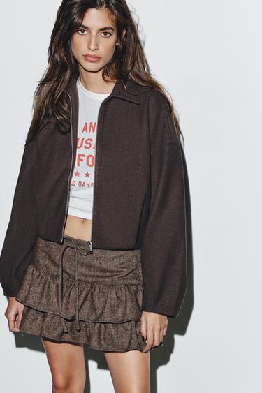 Zara ZIPPERED SOFT BOMBER JACKET - Brown