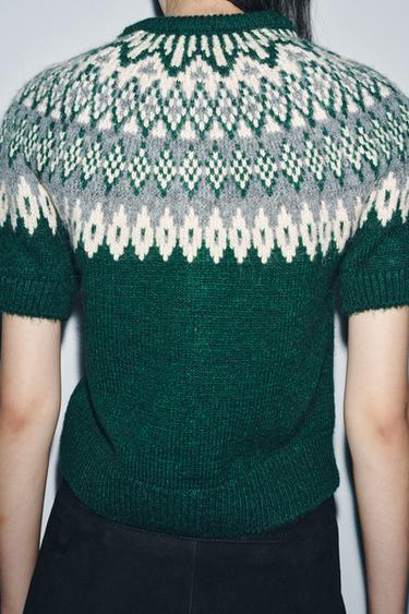 JACQUARD KNIT SHORT SLEEVE CARDIGAN - Green by Zara - Image 1